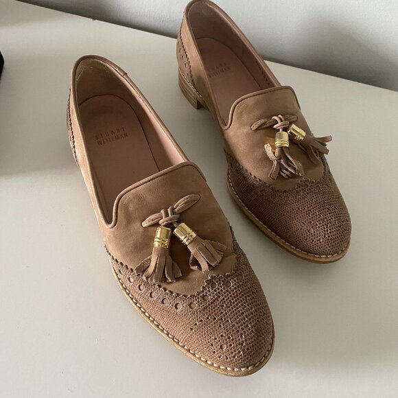 STUART WEITZMAN Guything Wingtip Tassel Tan Leather Loafers Sz 6.5 - Picture 1 of 6
